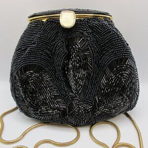 Vintage black beaded bag with gold trim and gold metal strap